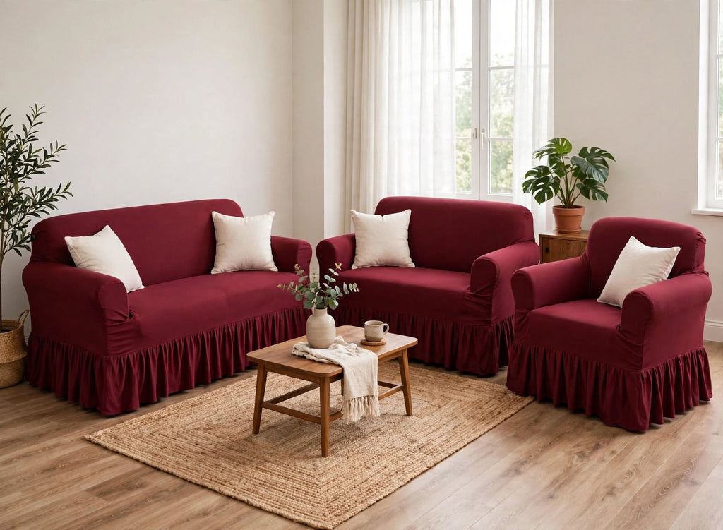 Sofa Cover Set Dark Red - Living Room View
