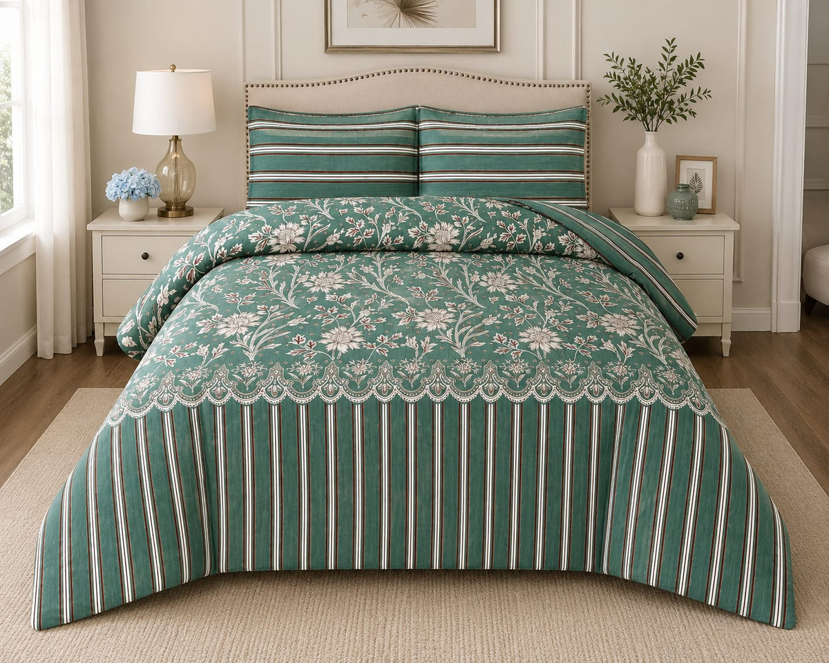 Green Floral Stripe Bedsheet Set - Full Bed View