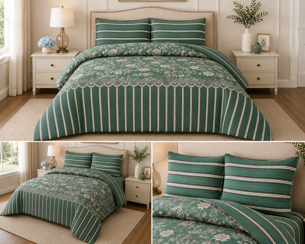 Green Floral Stripe Bedsheet Set - Multi View