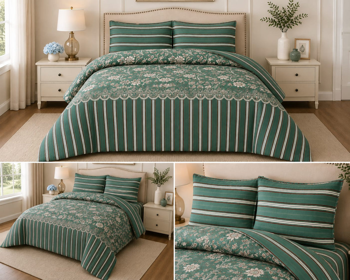 Green Floral Stripe Bedsheet Set - Multi View
