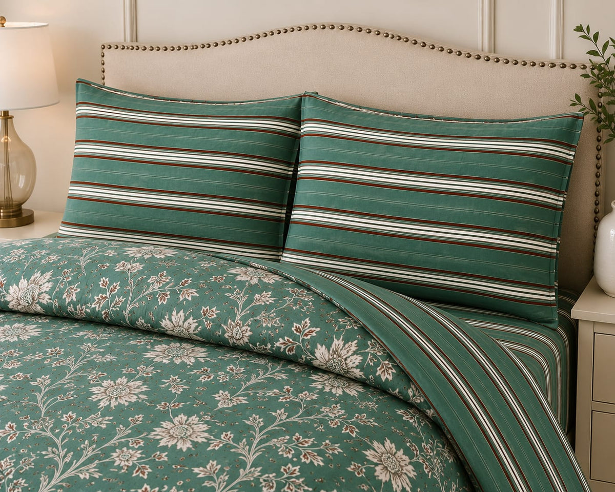 Green Floral Stripe Bedsheet - Pillow Cover Close Up