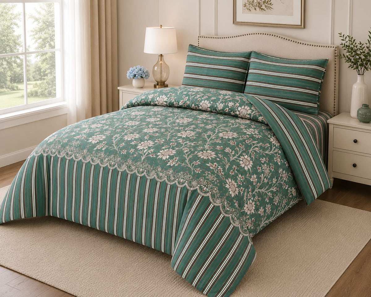 Green Floral Stripe Bedsheet - Side Bedroom View