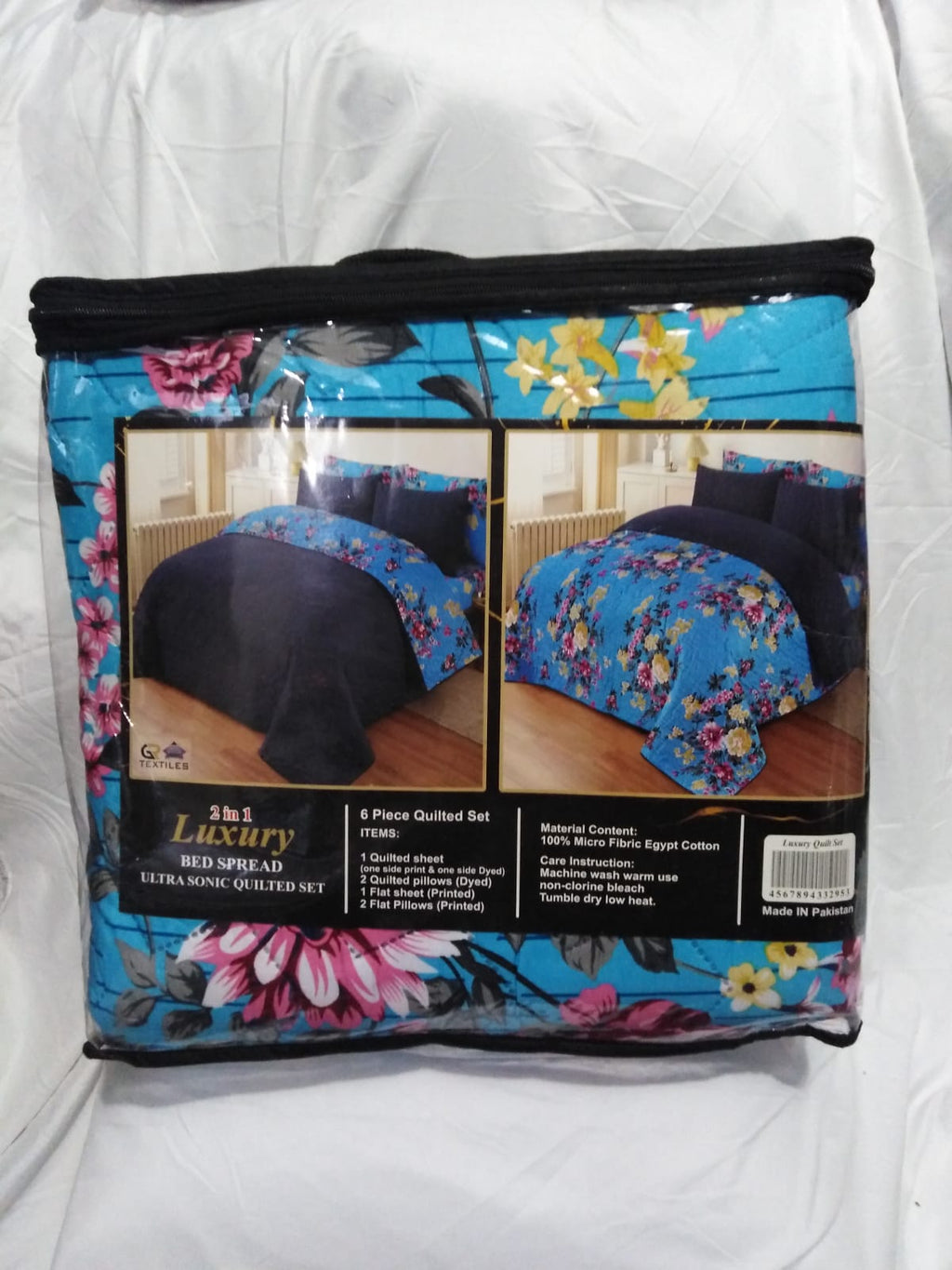 6 Piece Quilted Bed Spread Set - Floral Blue with Comforter