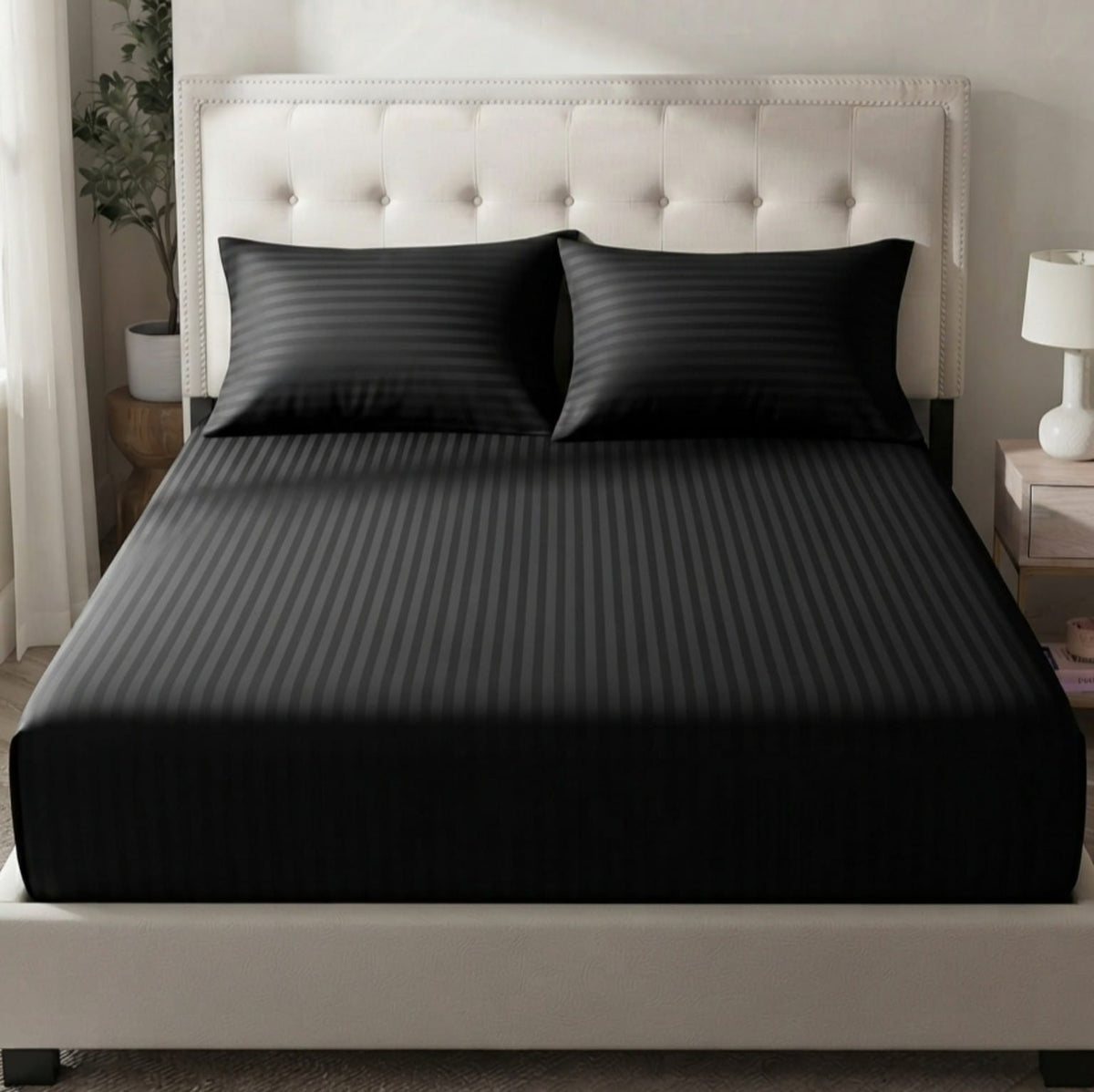 Premium Satin Stripe Bedsheet - Black