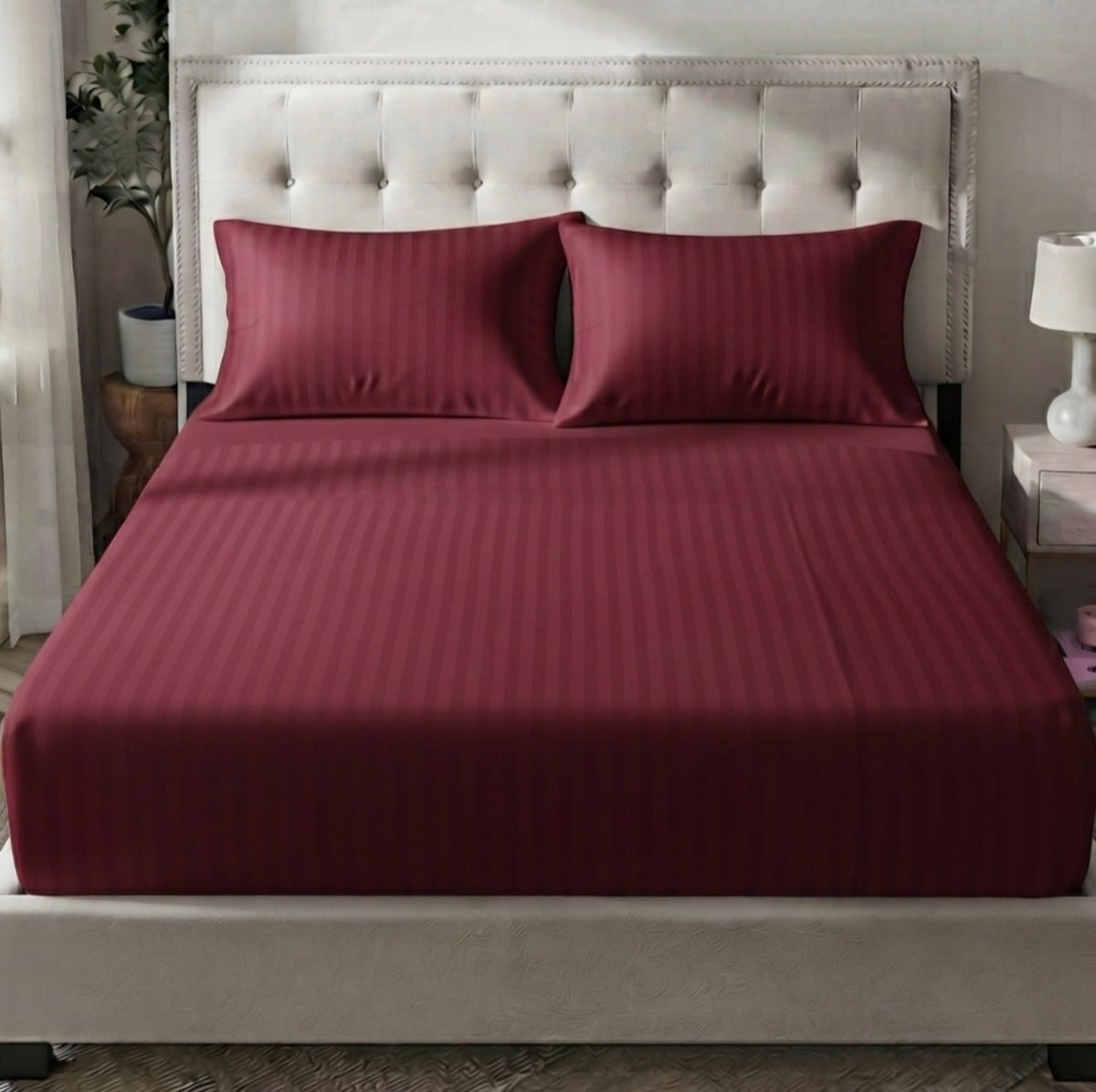 Premium Satin Stripe Bedsheet - Maroon