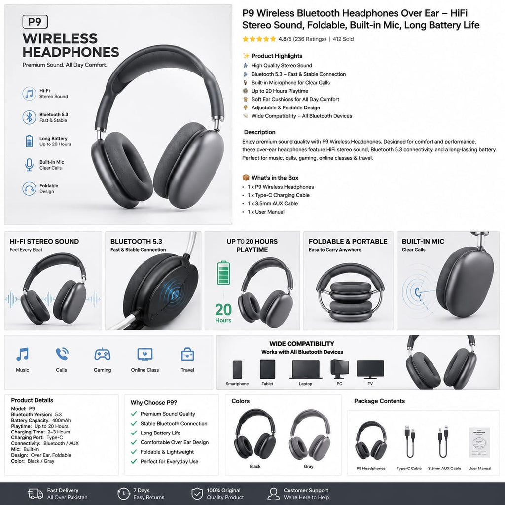 P9 Wireless Headphones - Space Gray