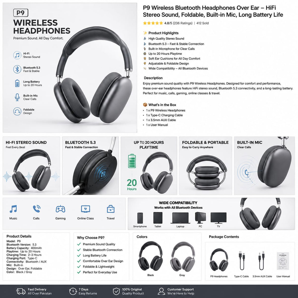 P9 Wireless Headphones - Space Gray