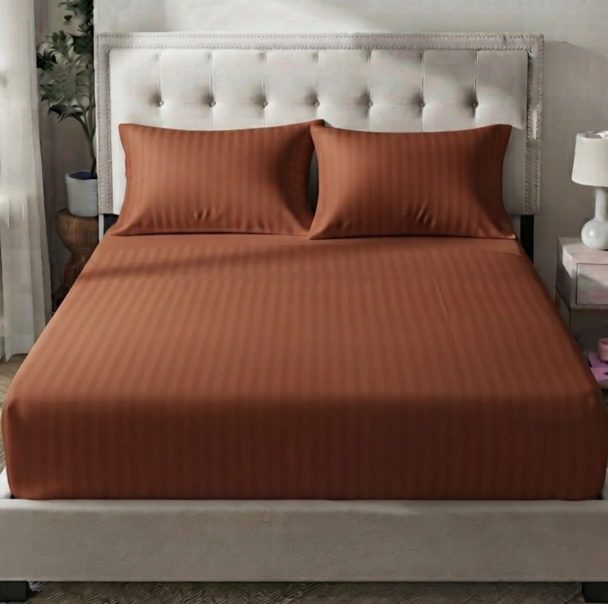 Premium Satin Stripe Bedsheet - Brown