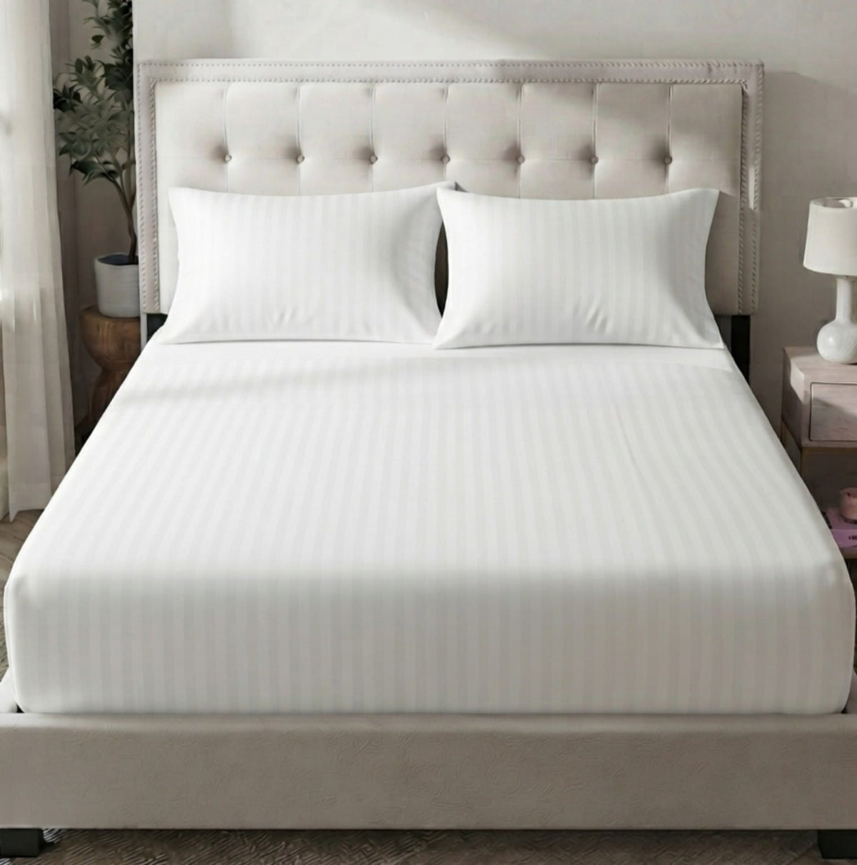 Premium Satin Stripe Bedsheet - White