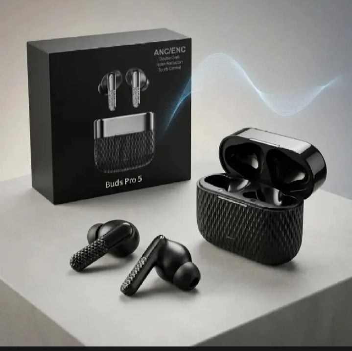 Buds Pro 5 Black earbuds with case premium display