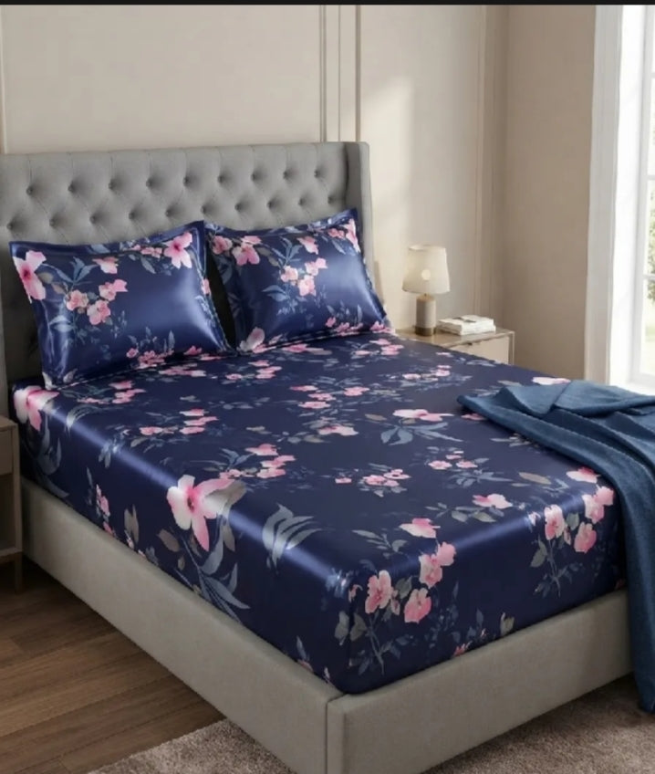 Royal Linen Navy Blue Floral Bedsheet lifestyle photo