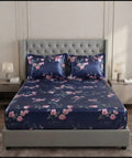 Royal Linen Navy Blue Floral Fitted Sheet Set on bed